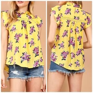 🆕 Anthropologie E & M Yellow Floral Eyelit Lace‎ High neck Blouse Small